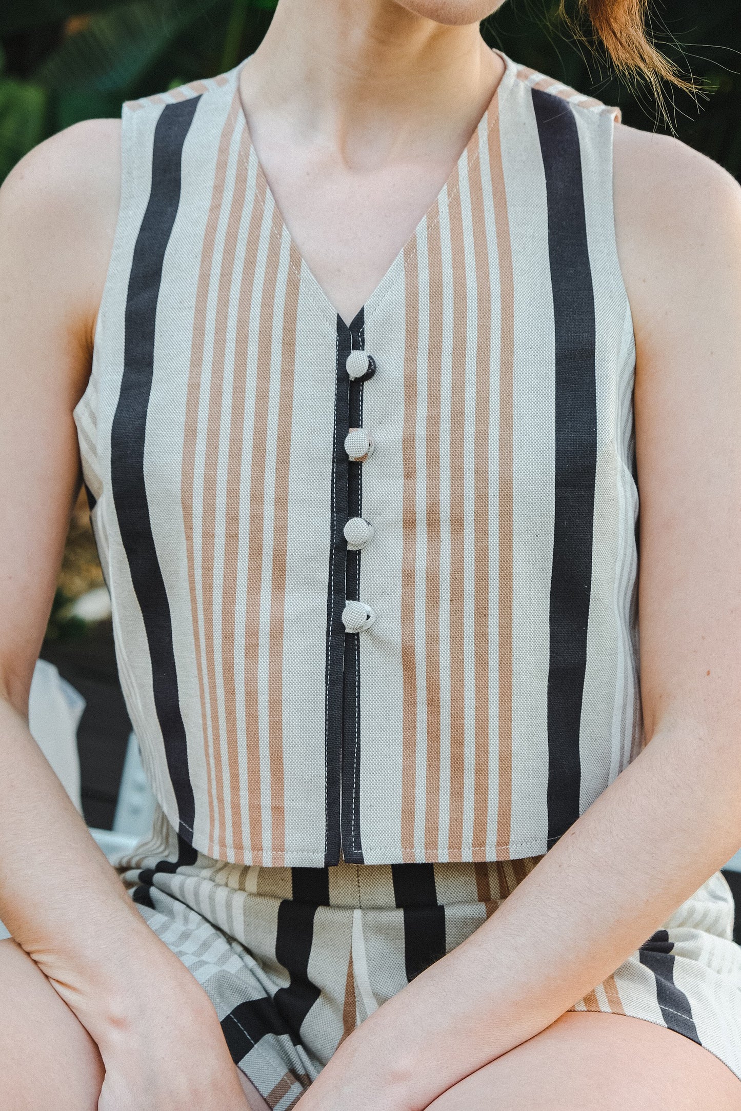 LOLA Striped Crop Top – Navy, White & Sand Cotton | Handmade in Portugal | Size M
