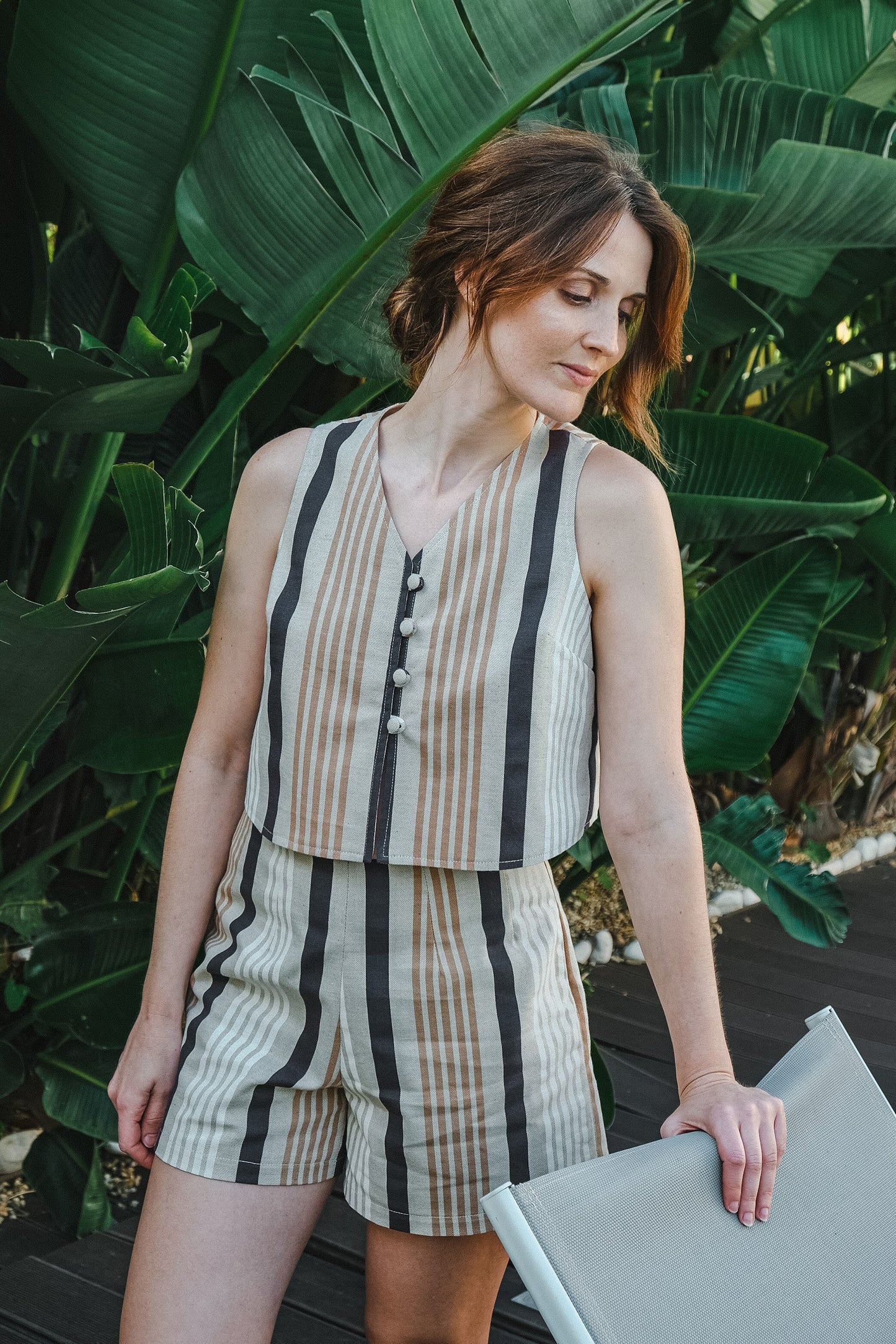 LOLA Striped Crop Top – Navy, White & Sand Cotton | Handmade in Portugal | Size M