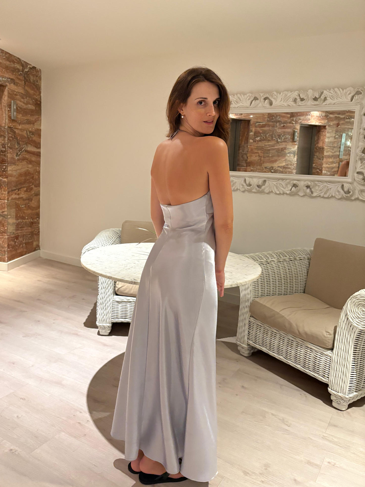 NINA Dress – Silver Duchess Satin | Handmade in Portugal | Size M (also fits S)