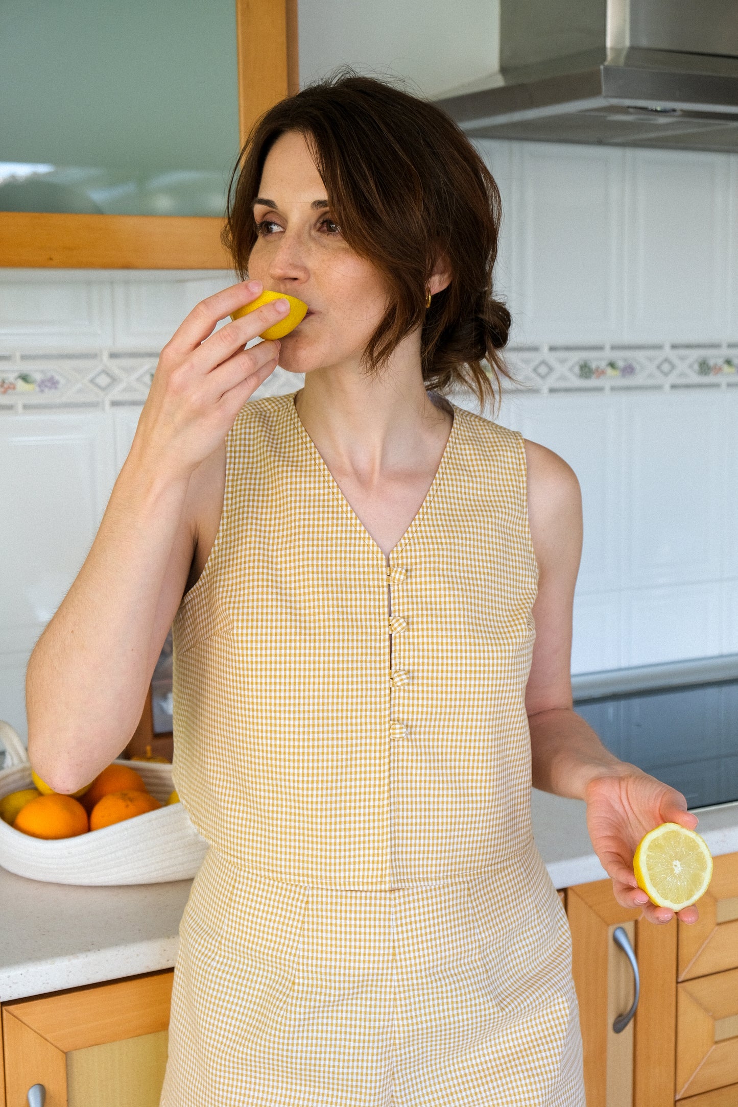 LOLA Crop Top – Yellow Checkered Cotton | Vintage Summer Look | Size M