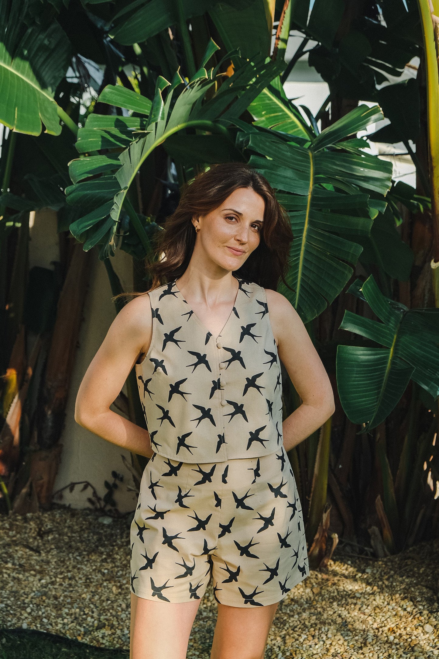 LOLA Crop Top – Beige with Swallow Print | Handmade in Portugal | Limited Edition | Size M